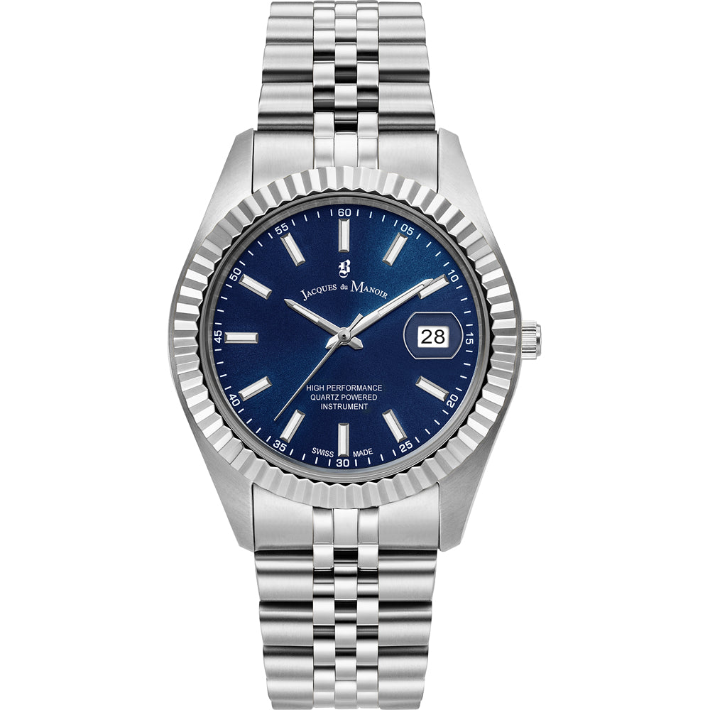 Montre en acier inoxydable avec cadran bleu et bracelet à maillons, affichage de la date.