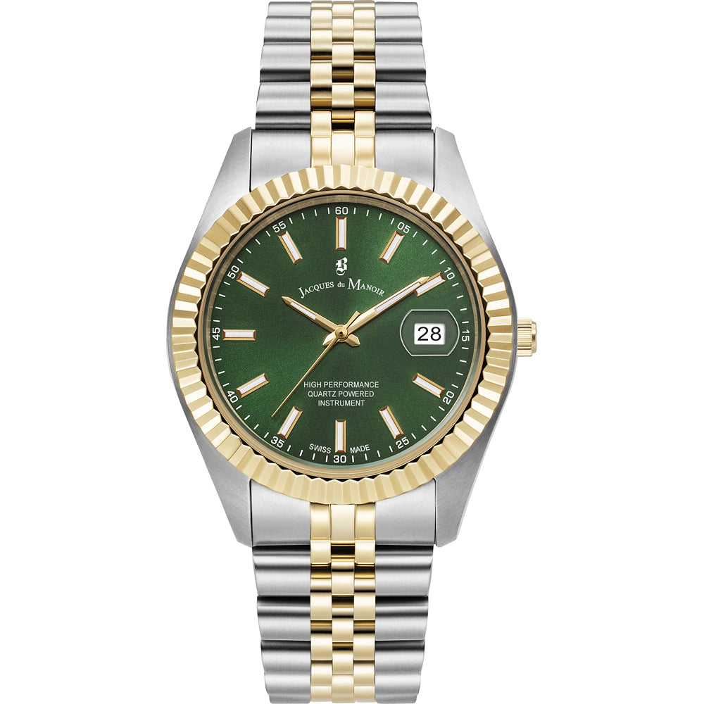 Montre en acier inoxydable avec bracelet bicolore, cadran vert et index dorés.