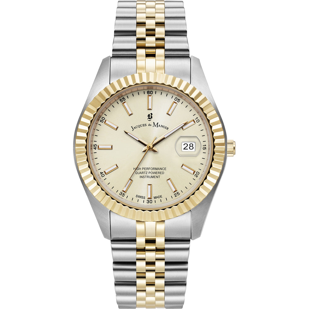Montre en acier inoxydable avec bracelet bicolore argenté et doré, cadran crème et index dorés.