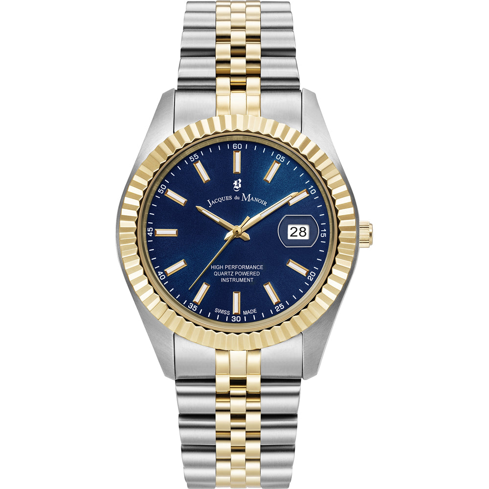 Montre en acier inoxydable avec cadran bleu, lunette dorée et bracelet bicolore.