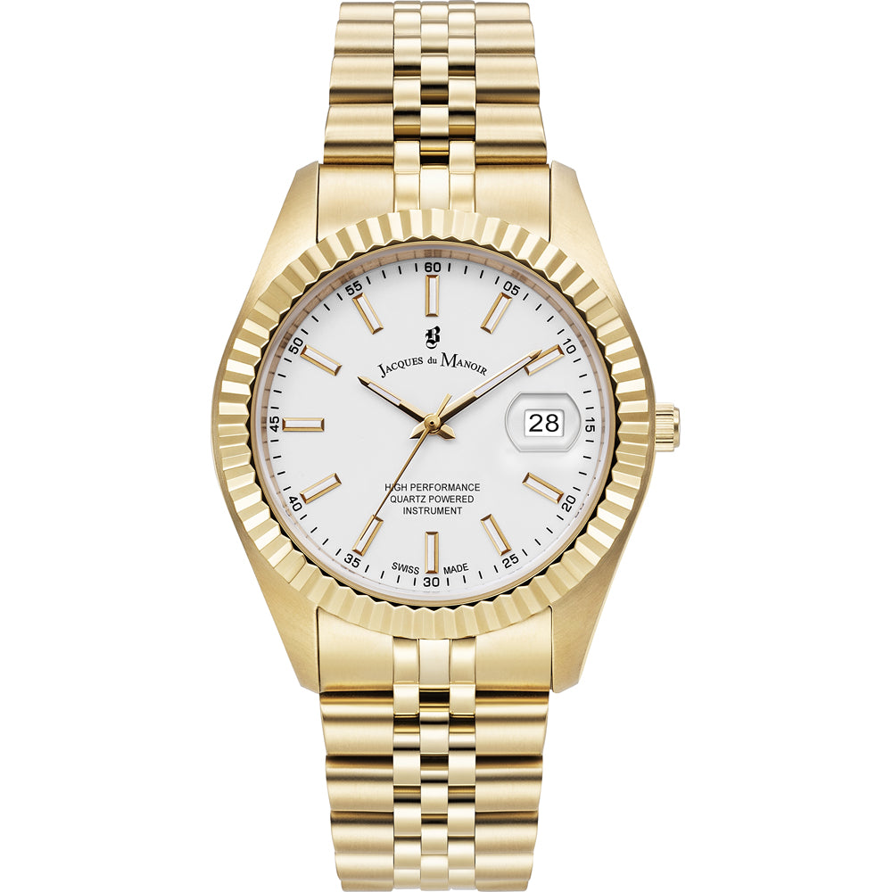 Montre dorée avec cadran blanc, boîtier en acier inoxydable et bracelet à maillons.