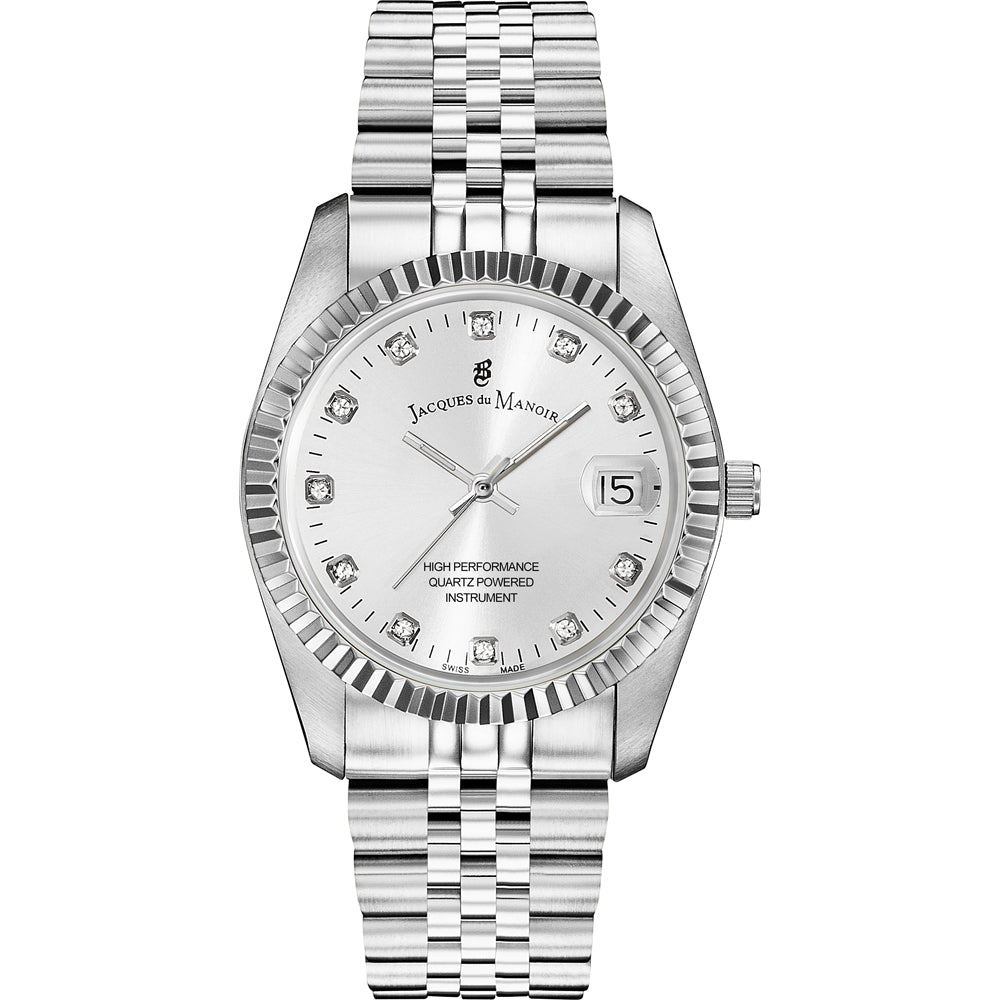 Montre en acier inoxydable avec cadran argenté et bracelet à maillons, ornée de diamants.