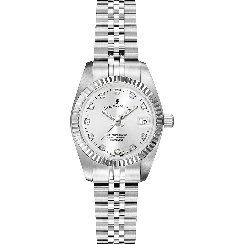 Montre en acier inoxydable avec cadran argenté et bracelet à maillons, affichant des chiffres et des cristaux.