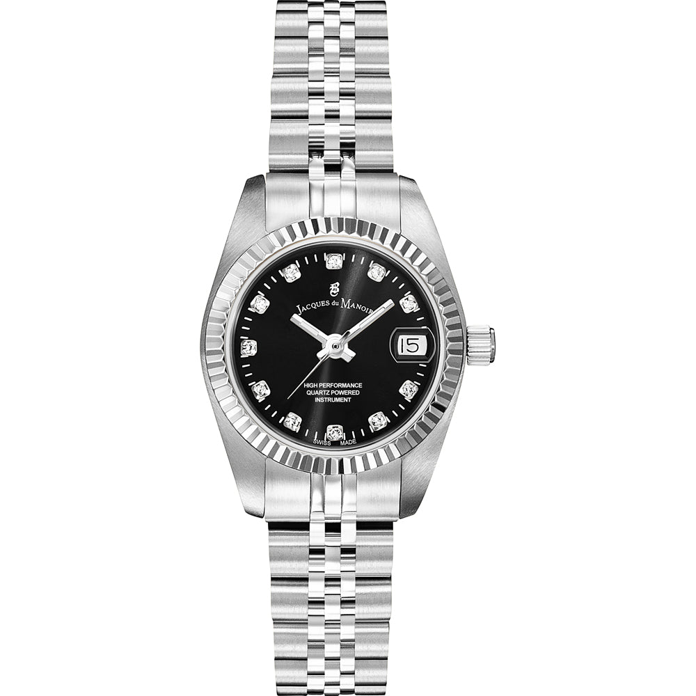 Montre en acier inoxydable avec cadran noir, bracelet à maillons et dateur.