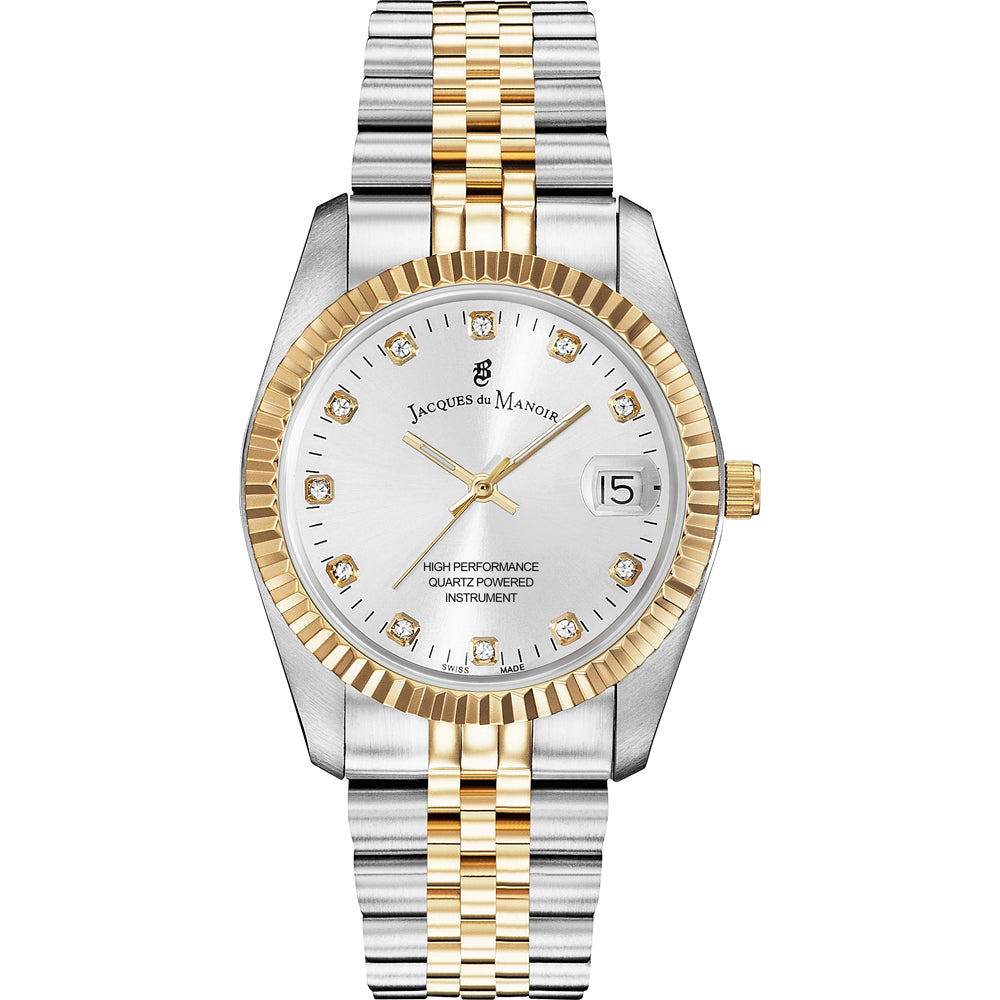 Montre argentée et dorée avec cadran blanc, boîtier en acier inoxydable et bracelet à maillons.