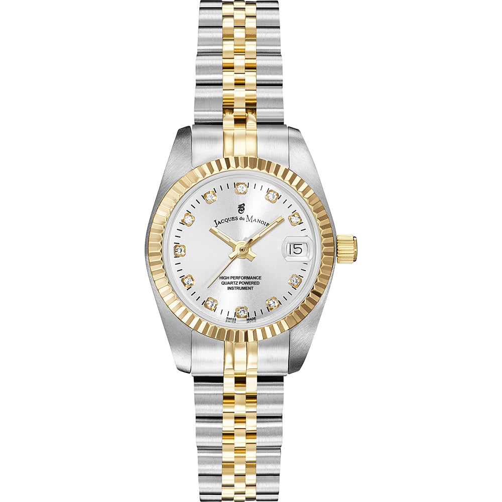 Montre en acier inoxydable avec un cadran argenté, lunette dorée et bracelet bicolore.
