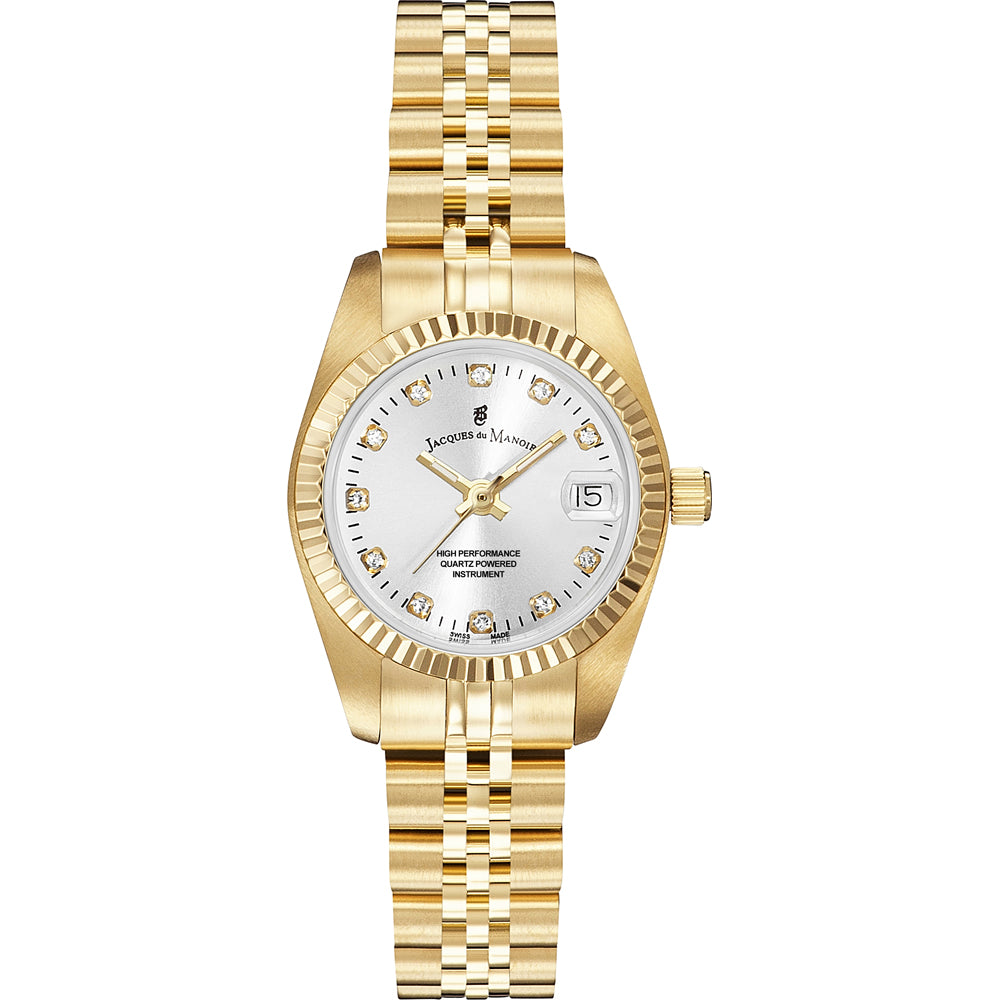 Montre dorée avec cadran argenté, boîtier en acier inoxydable et bracelet à maillons.