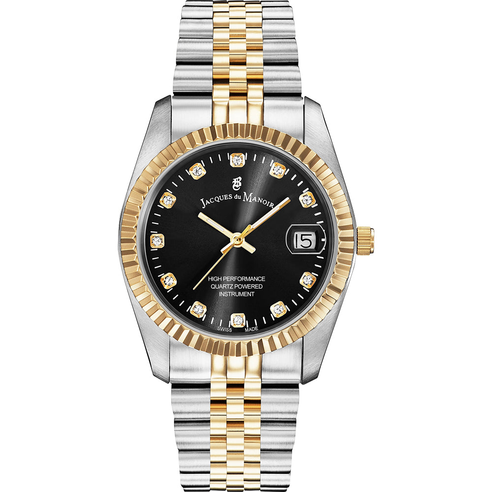 Montre en acier inoxydable avec bracelet bicolore doré et argenté, cadran noir et index en diamants.