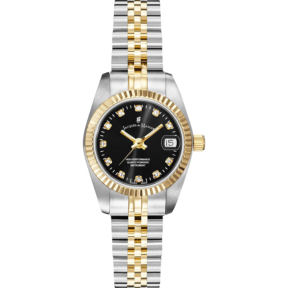 Montre en acier inoxydable avec bracelet bicolore doré et argenté, cadran noir et index brillants.