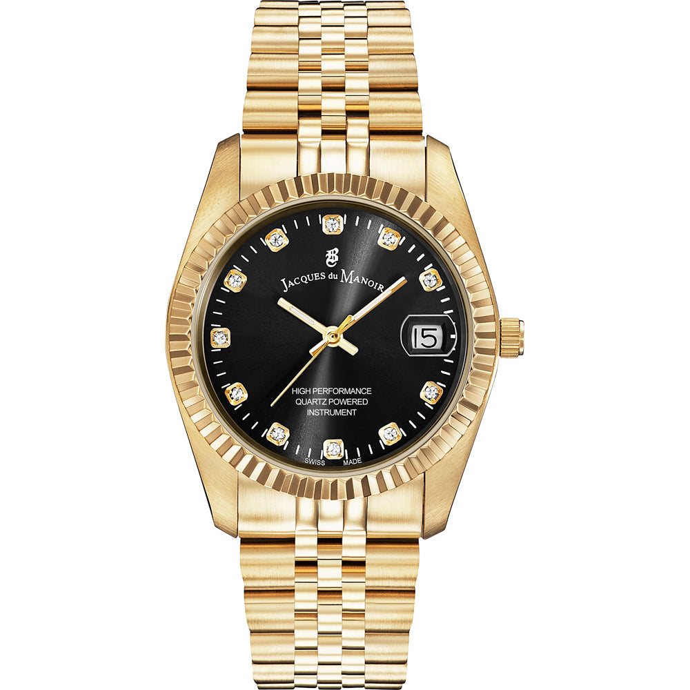 Montre dorée avec cadran noir, chiffres en diamants et bracelet à maillons.