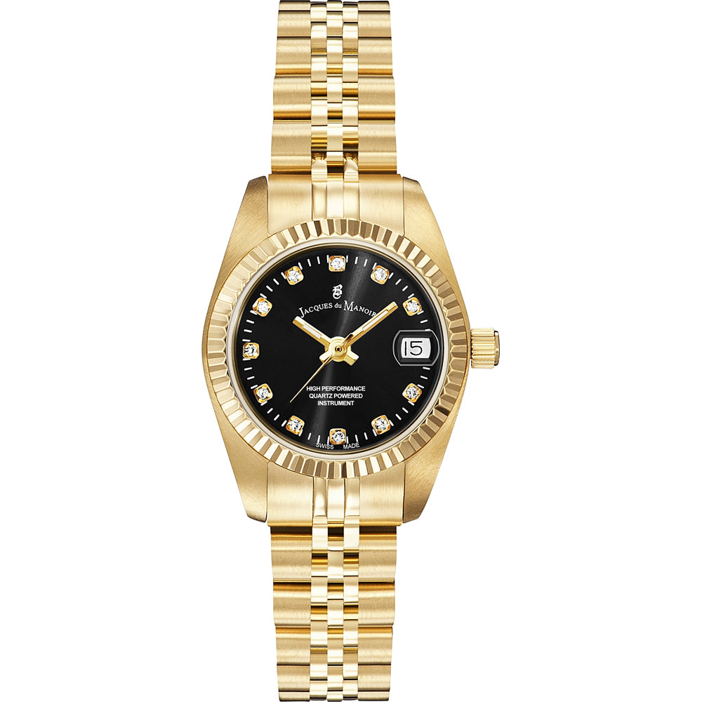 Montre dorée avec cadran noir, boîtier en acier inoxydable et bracelet à maillons.