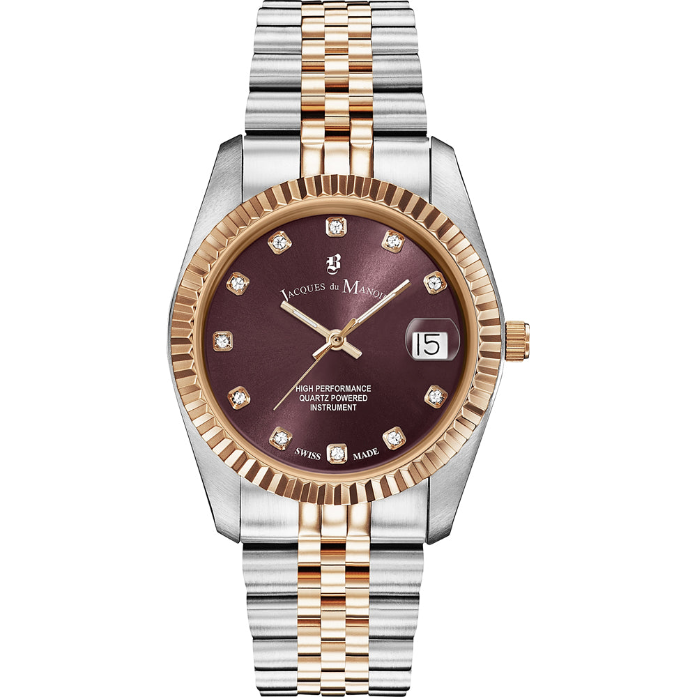 Montre en acier inoxydable avec bracelet bicolore doré et argenté, cadran bordeaux orné de diamants.