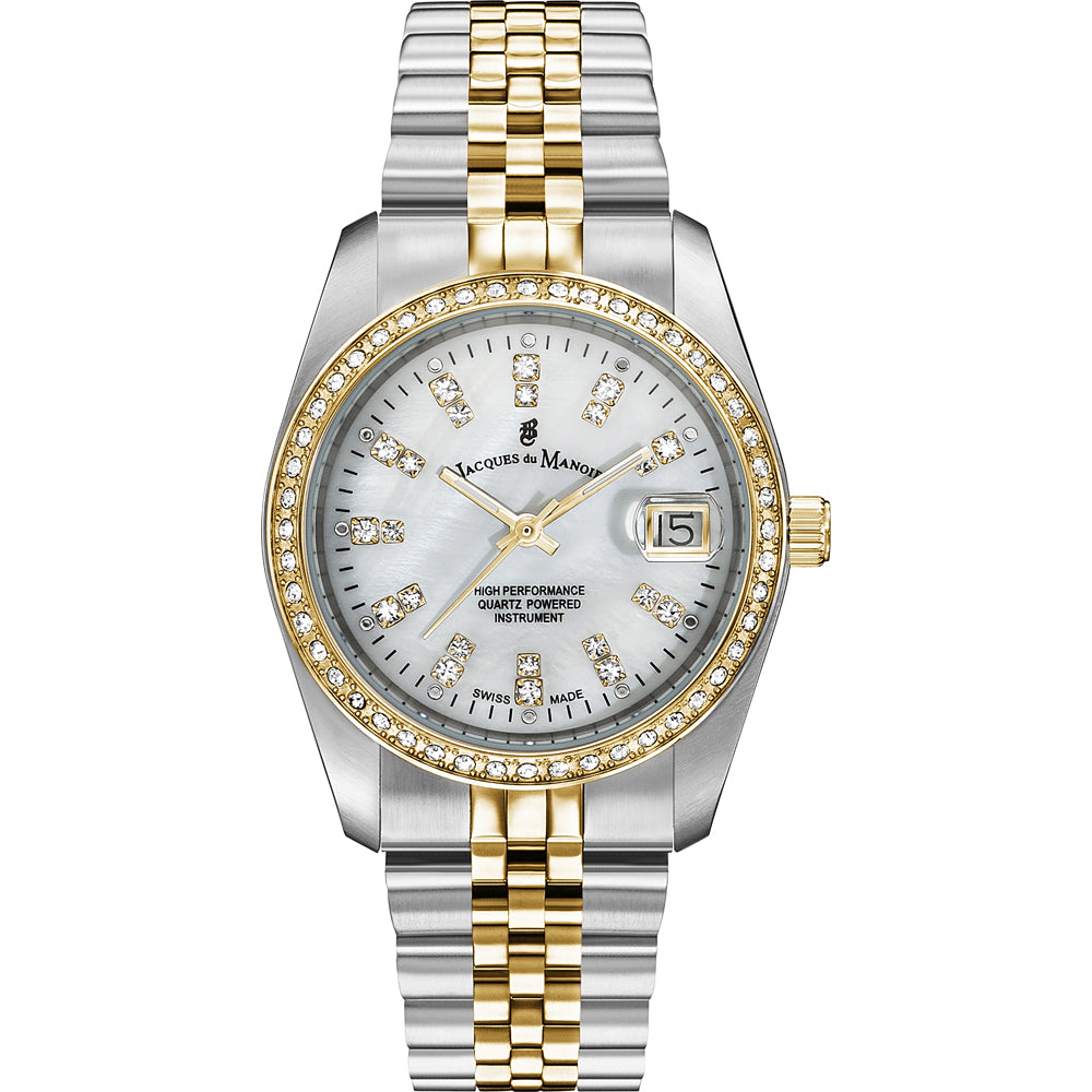 Montre en acier inoxydable avec bracelet bicolore doré et argenté, cadran nacré et cristaux.