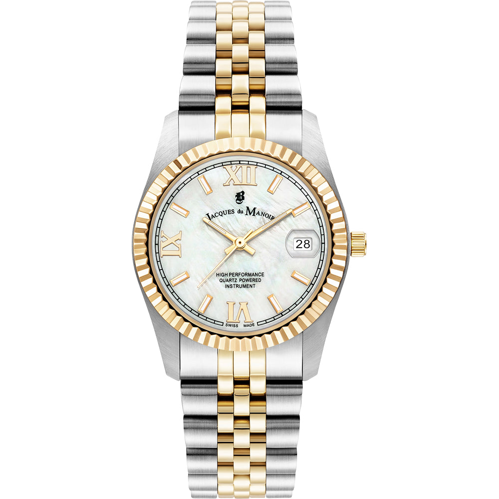 Montre en acier inoxydable bicolore avec cadran nacré et index romains.