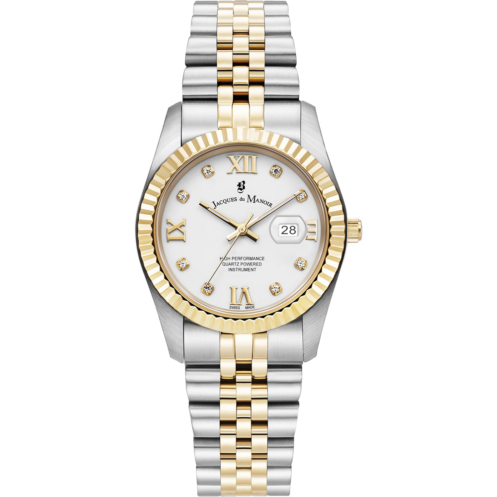 Montre en acier inoxydable avec cadran blanc, lunette dorée et bracelet bicolore.