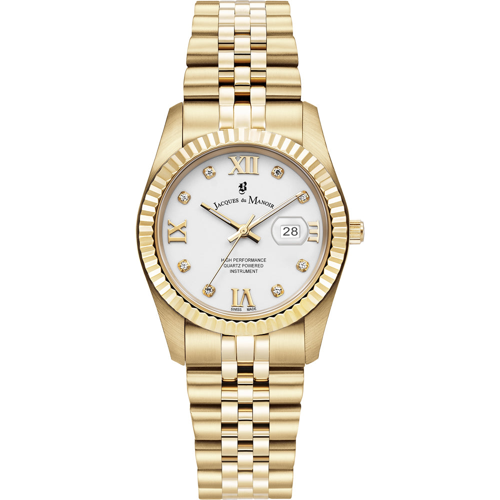 Montre dorée avec cadran blanc, chiffres romains et bracelet en maillons.