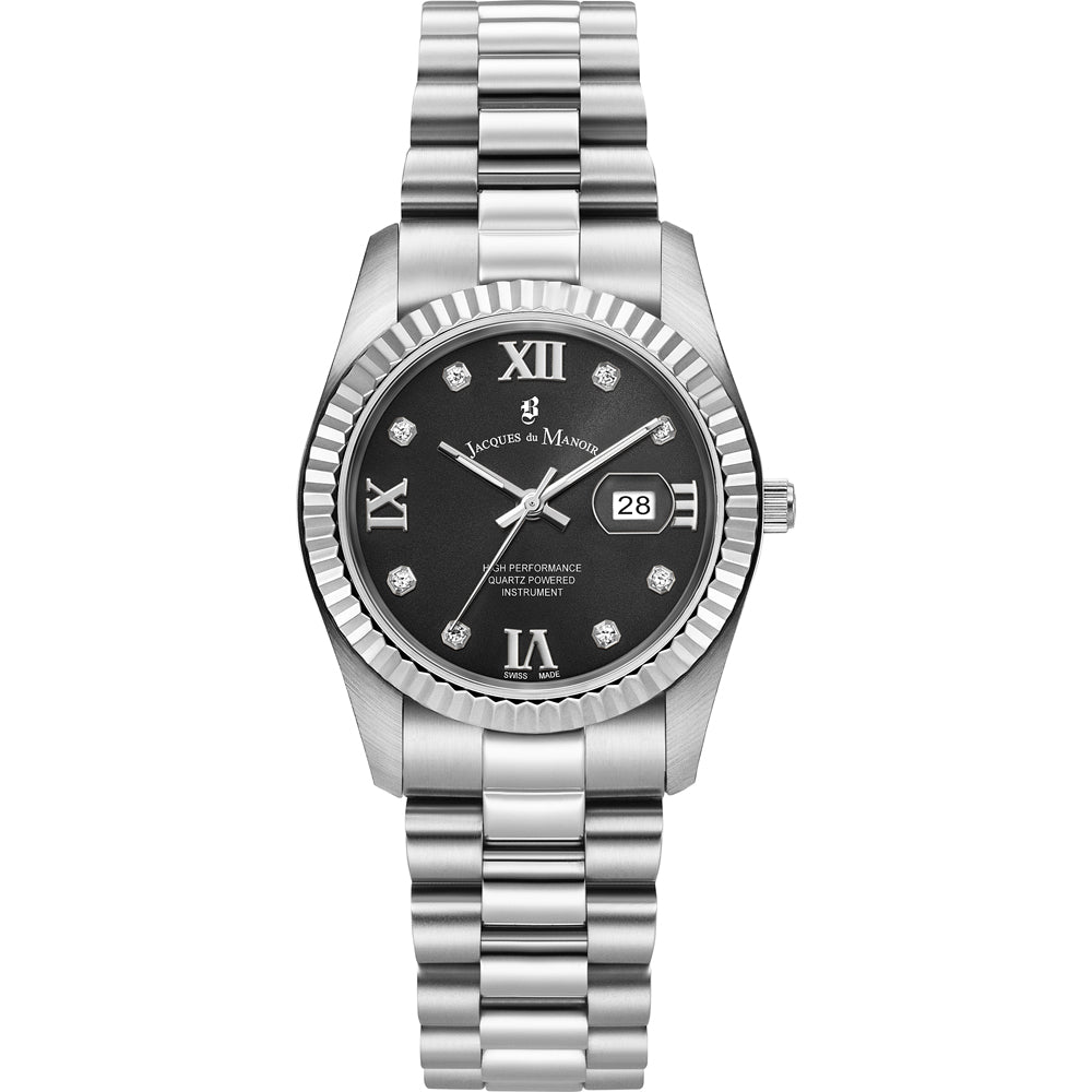 Montre en acier inoxydable avec cadran noir, chiffres romains et cristaux brillants.