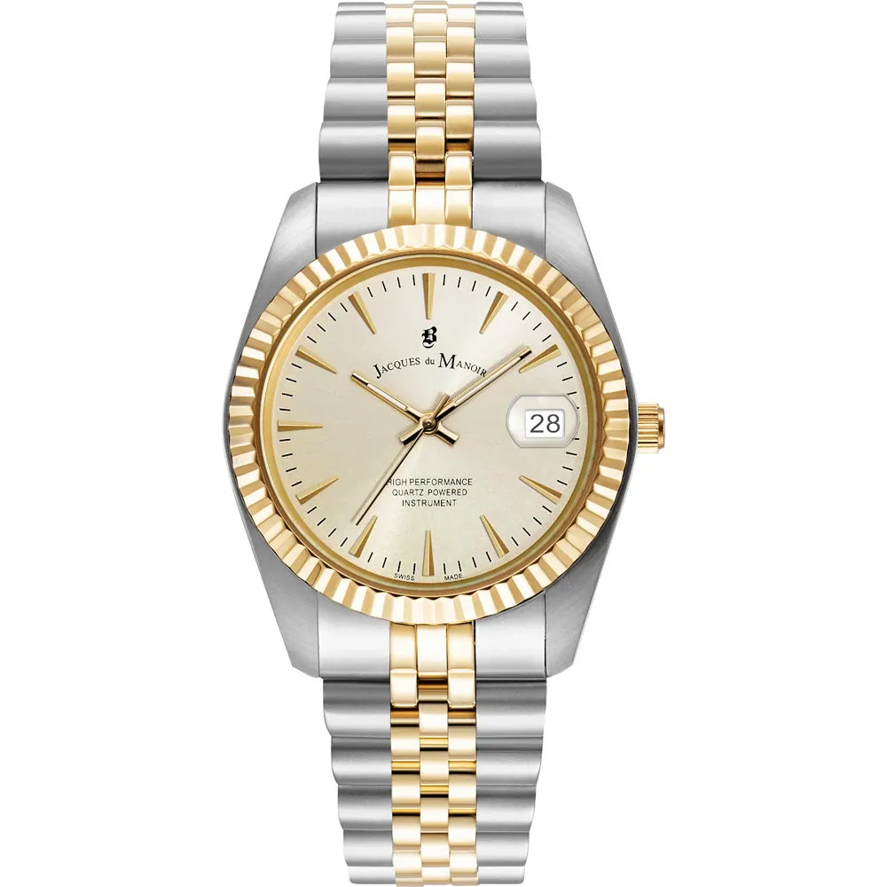 Montre en acier inoxydable avec un boîtier argenté et doré, cadran doré et bracelet à maillons.