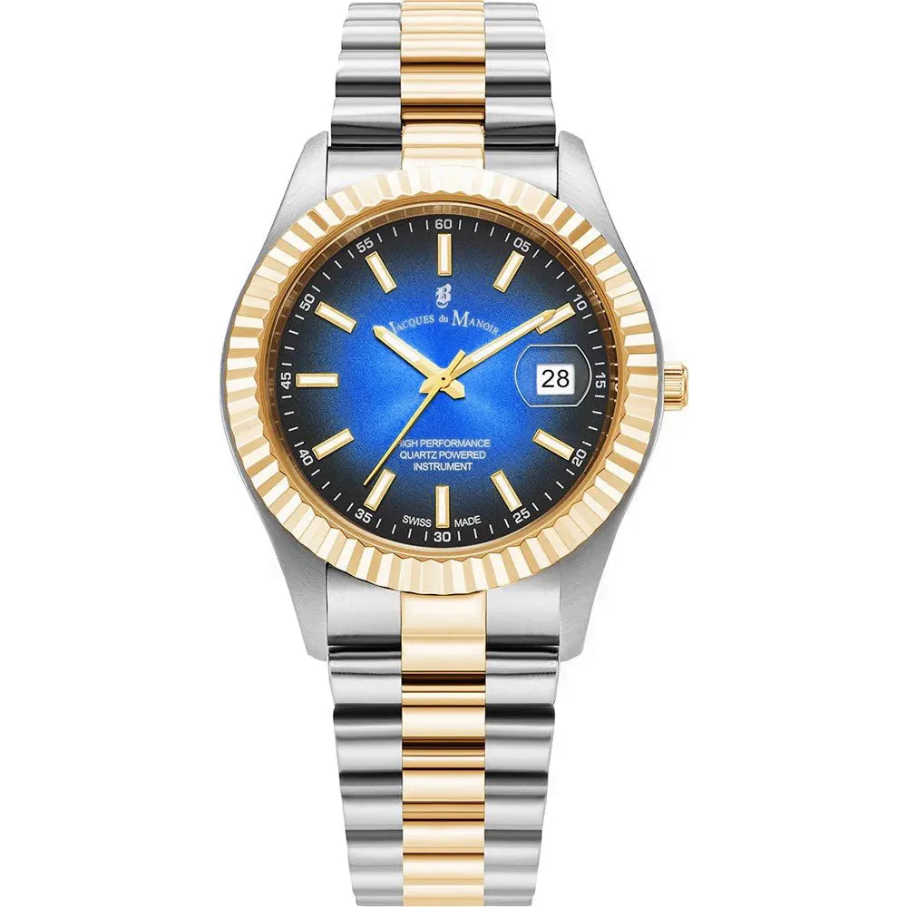 Montre en acier inoxydable avec bracelet bicolore, cadran bleu et dateur.