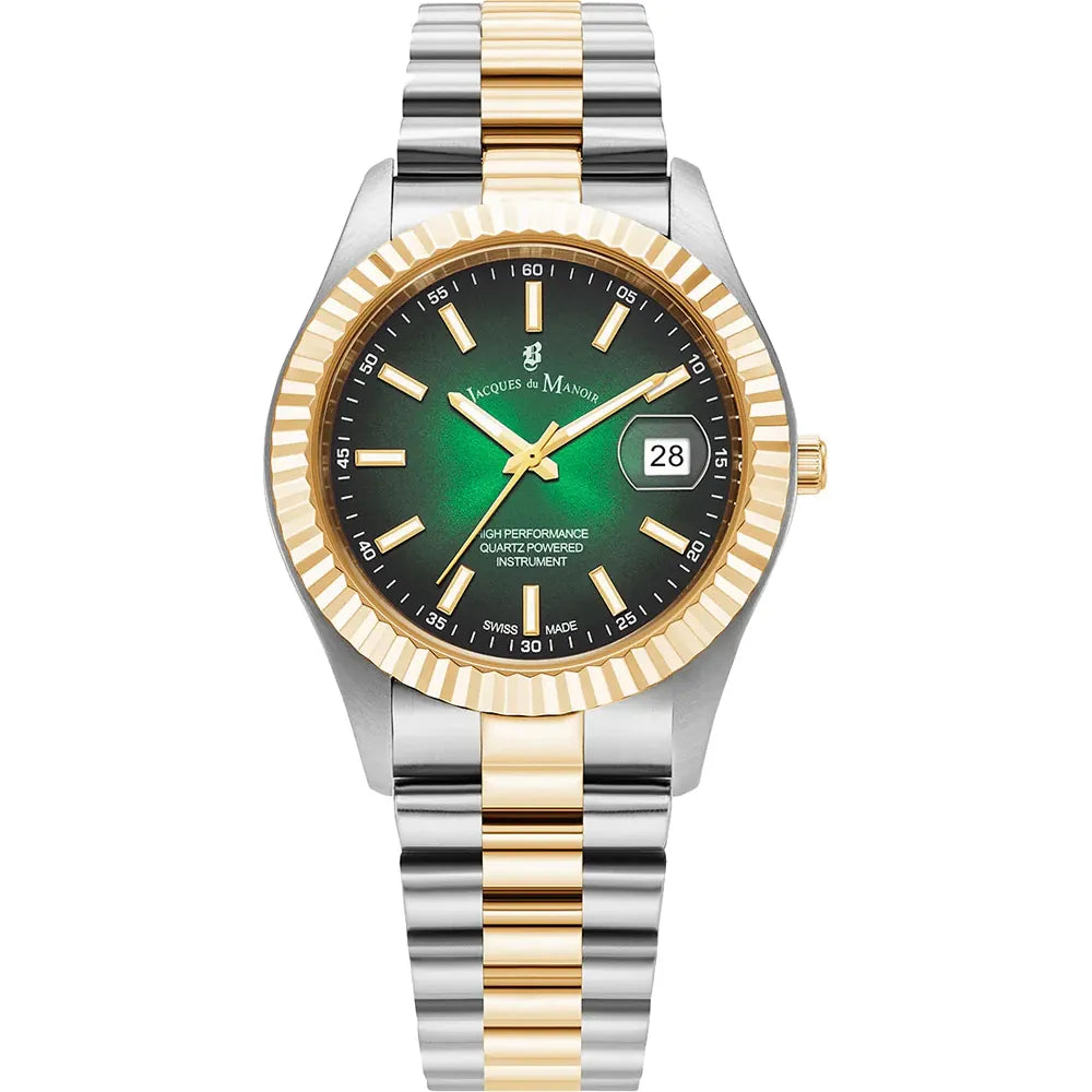 Montre avec boîtier en acier inoxydable et or, cadran vert dégradé et bracelet à maillons.