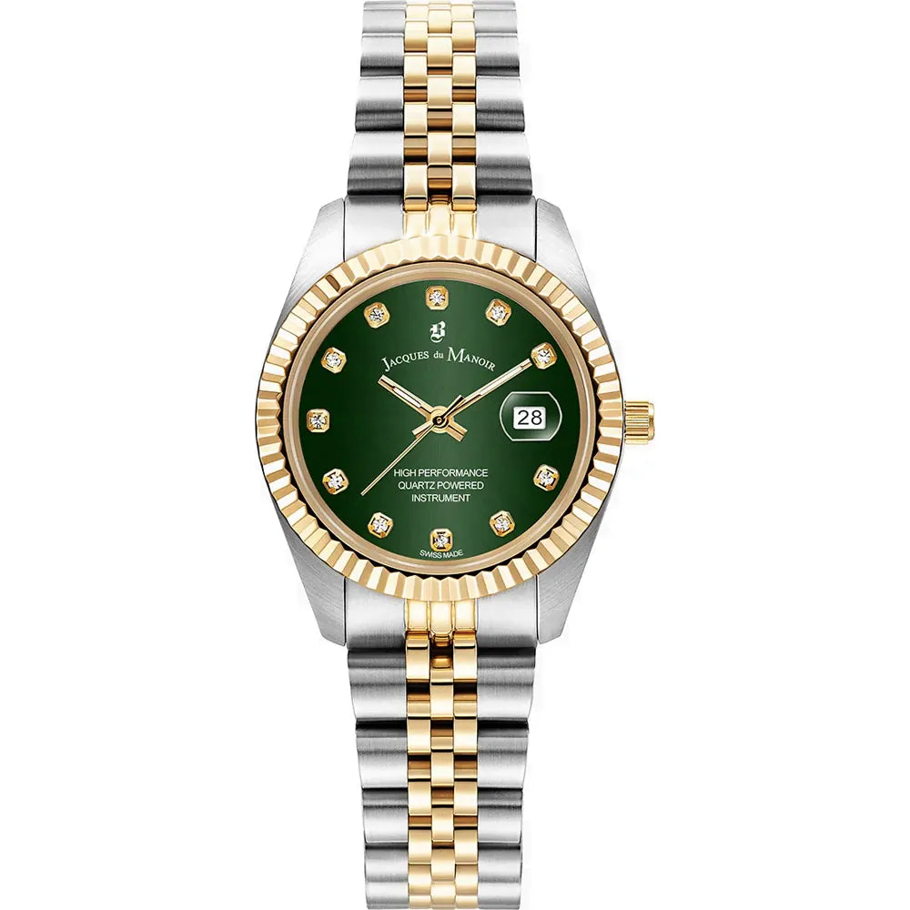 Montre bicolore avec cadran vert, boîtier doré et bracelet en acier inoxydable.