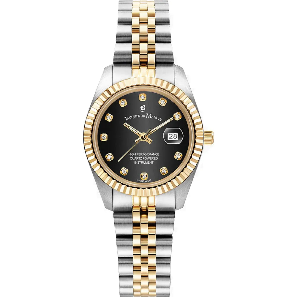 Montre bicolore avec cadran noir, boîtier doré et argenté, et bracelet à maillons.