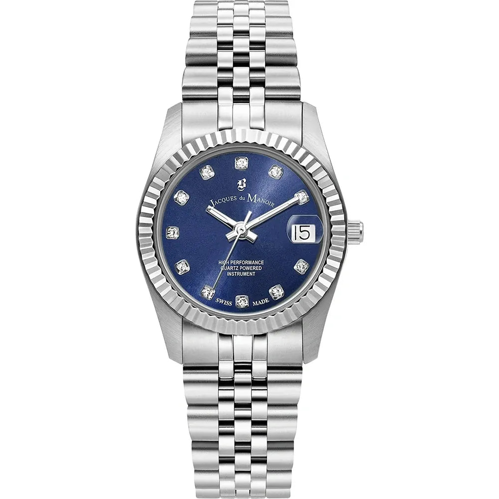 Montre en acier inoxydable avec cadran bleu et index en diamants, bracelet à maillons.