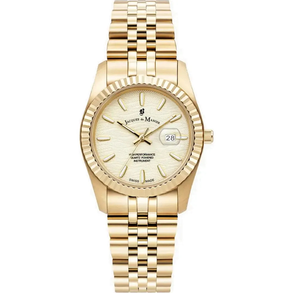 Montre dorée avec cadran clair, bracelet en maillons et dateur à 3 heures.