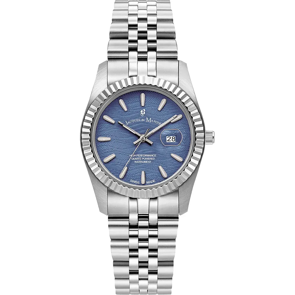 Montre en acier inoxydable avec cadran bleu, bracelet à maillons et dateur.