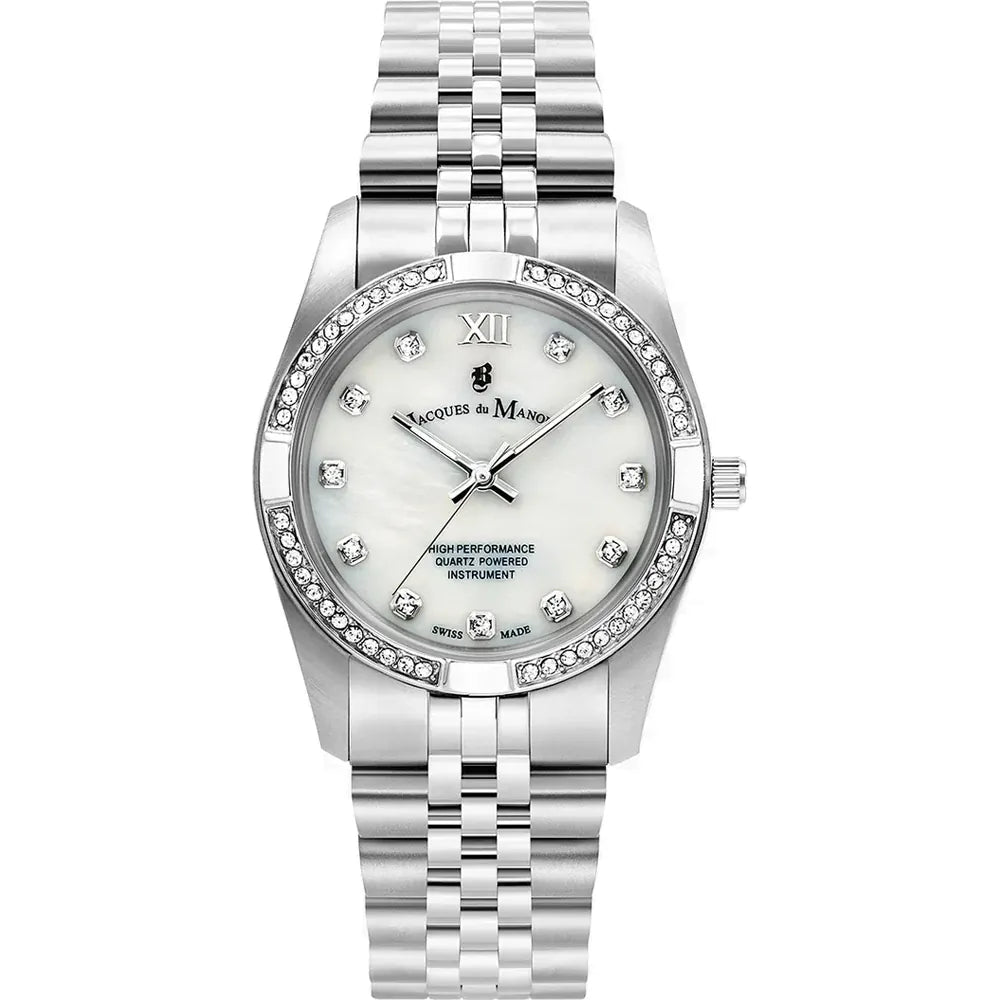 Montre argentée avec cadran nacré, index en strass et bracelet en acier inoxydable.