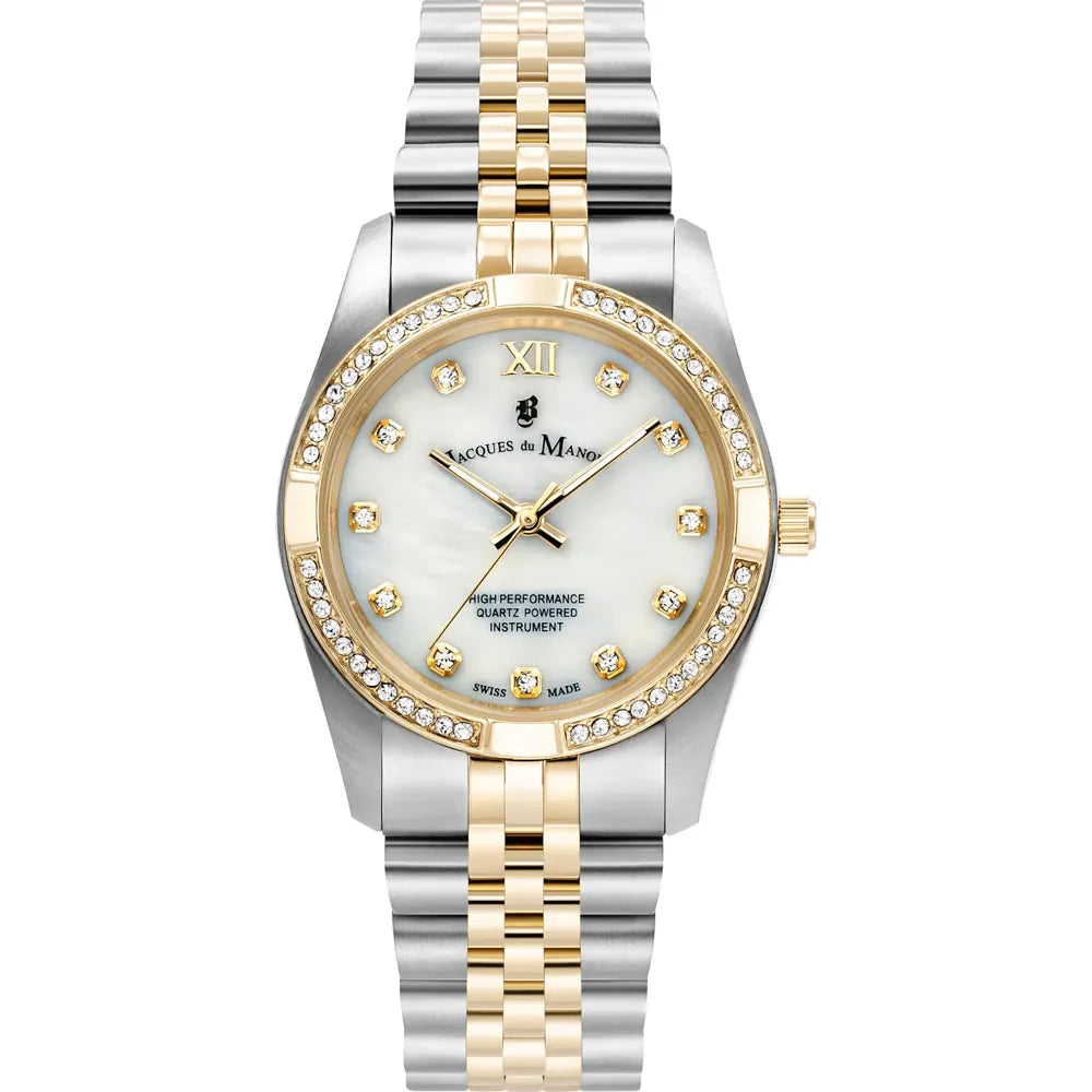Montre en acier inoxydable bicolore avec cadran nacré et cristaux.