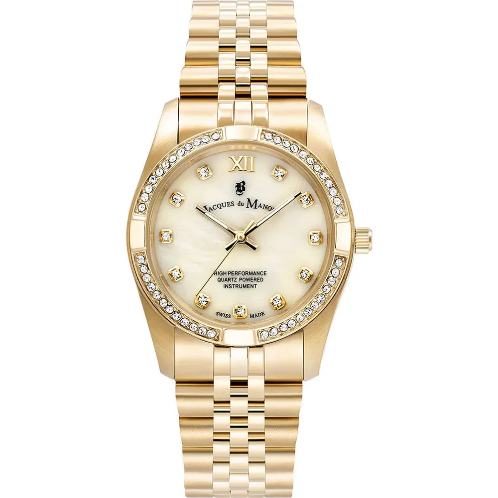Montre dorée avec cadran nacré et cristaux, bracelet en maillons.