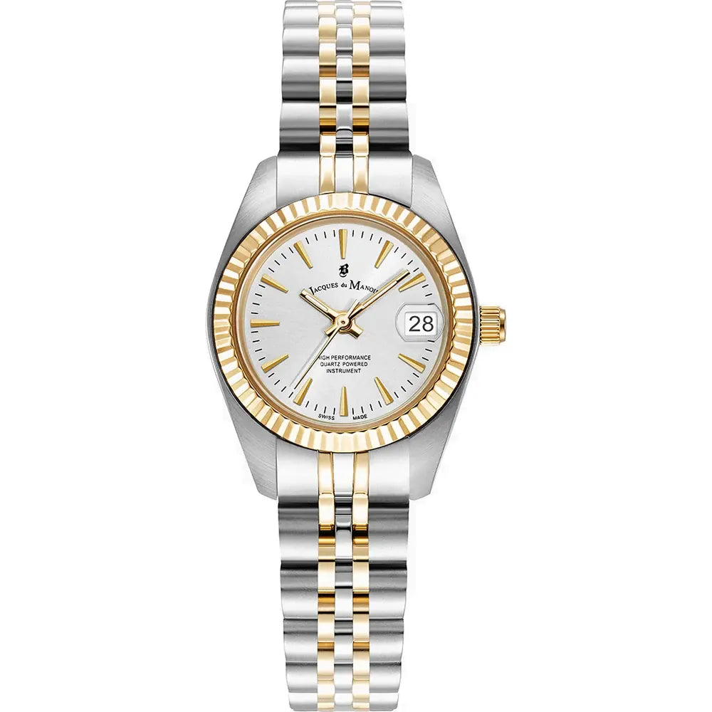 Montre en acier inoxydable avec boîtier argenté et doré, cadran argenté et bracelet à maillons.