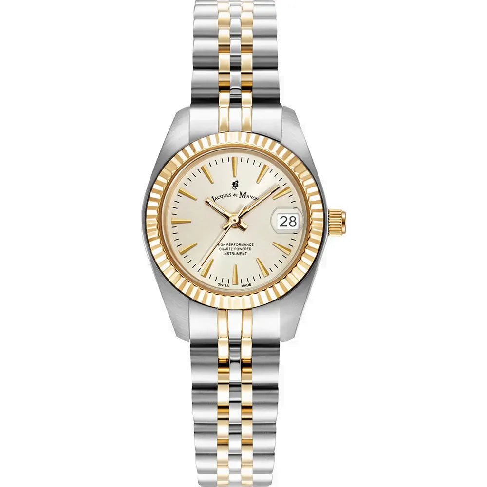 Montre en acier inoxydable avec bracelet bicolore argenté et doré, cadran argenté et dateur.