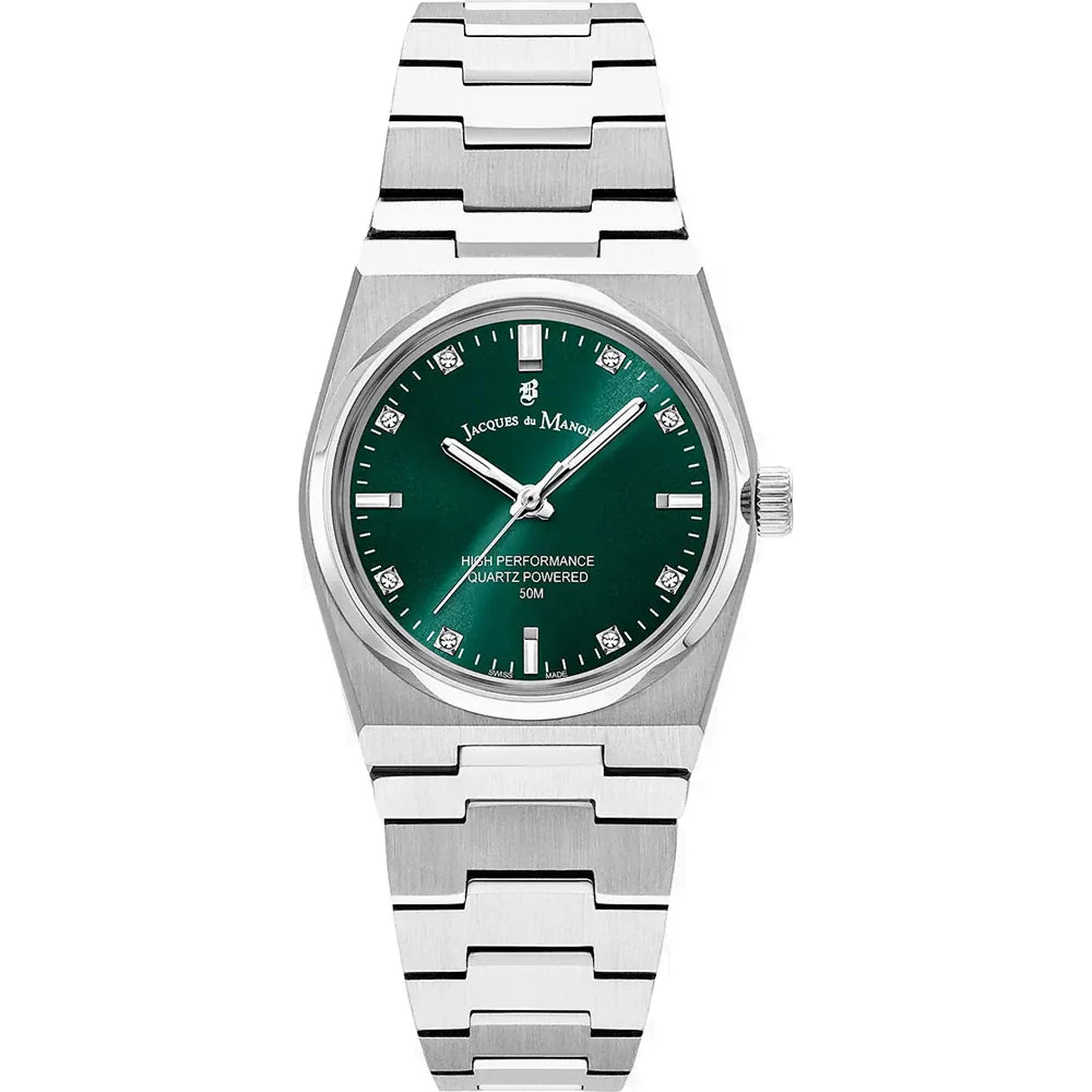 Montre femme avec bracelet en acier inoxydable, cadran vert et index en diamants.
