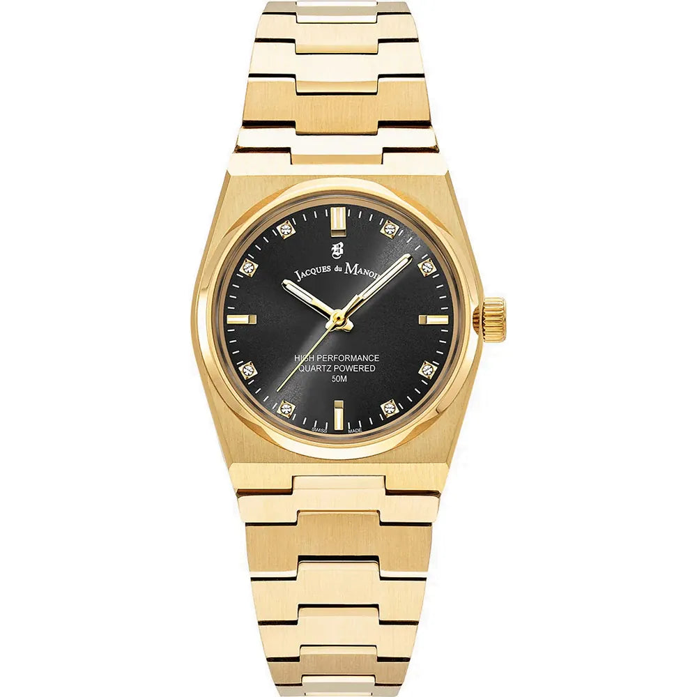 Montre dorée avec cadran noir, bracelet en maillons et index lumineux.