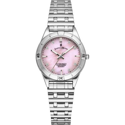 Montre argentée avec cadran rose, boîtier en acier inoxydable et bracelet à maillons.