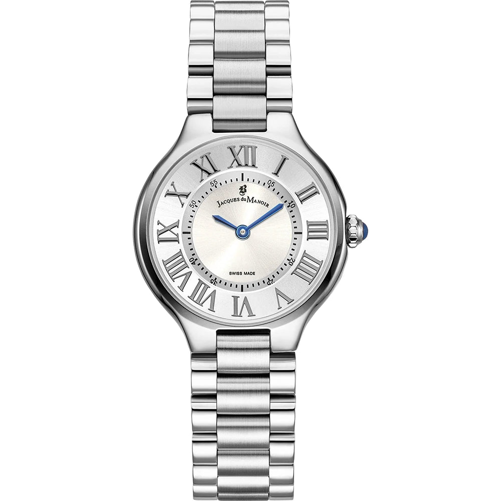 Montre en acier inoxydable avec cadran argenté et chiffres romains, bracelet à maillons.