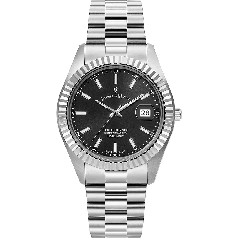Montre en acier inoxydable avec cadran noir, bracelet à maillons et dateur à 3 heures.
