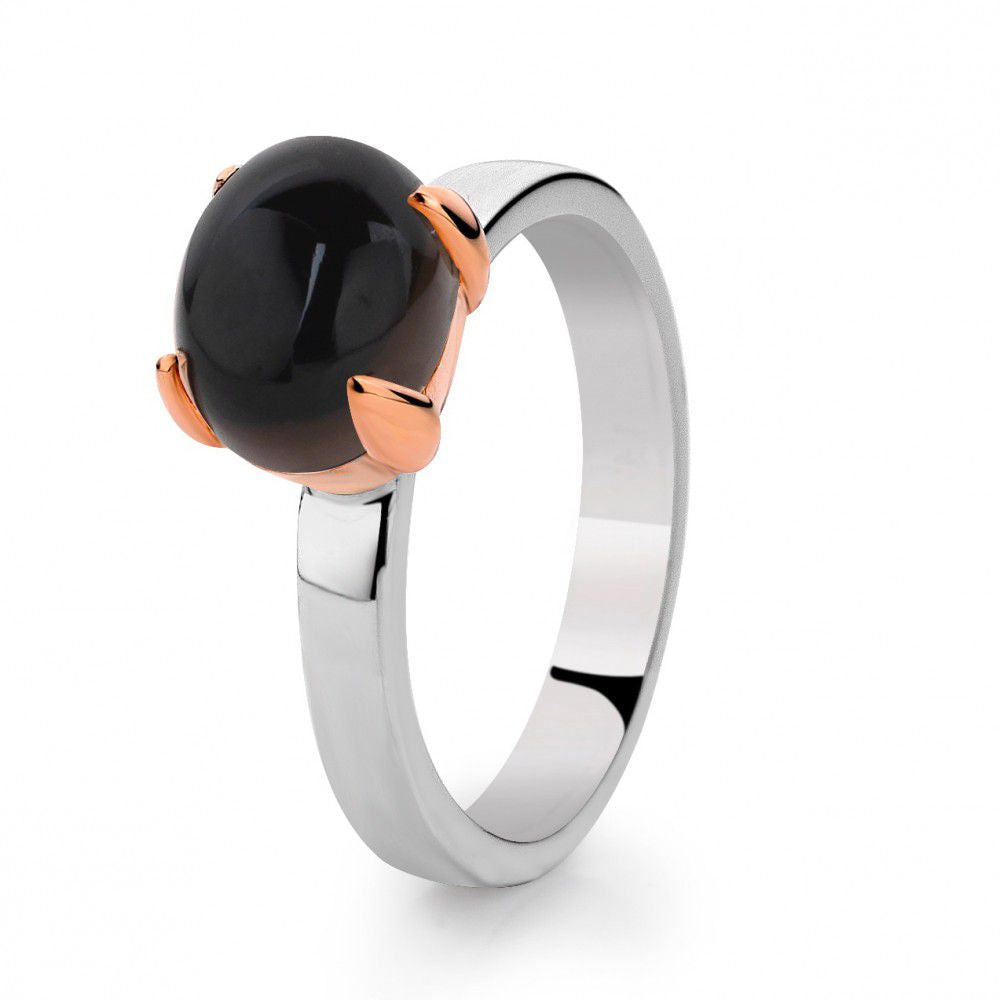 Bague en argent avec quartz fumé et sertissage en or rose.