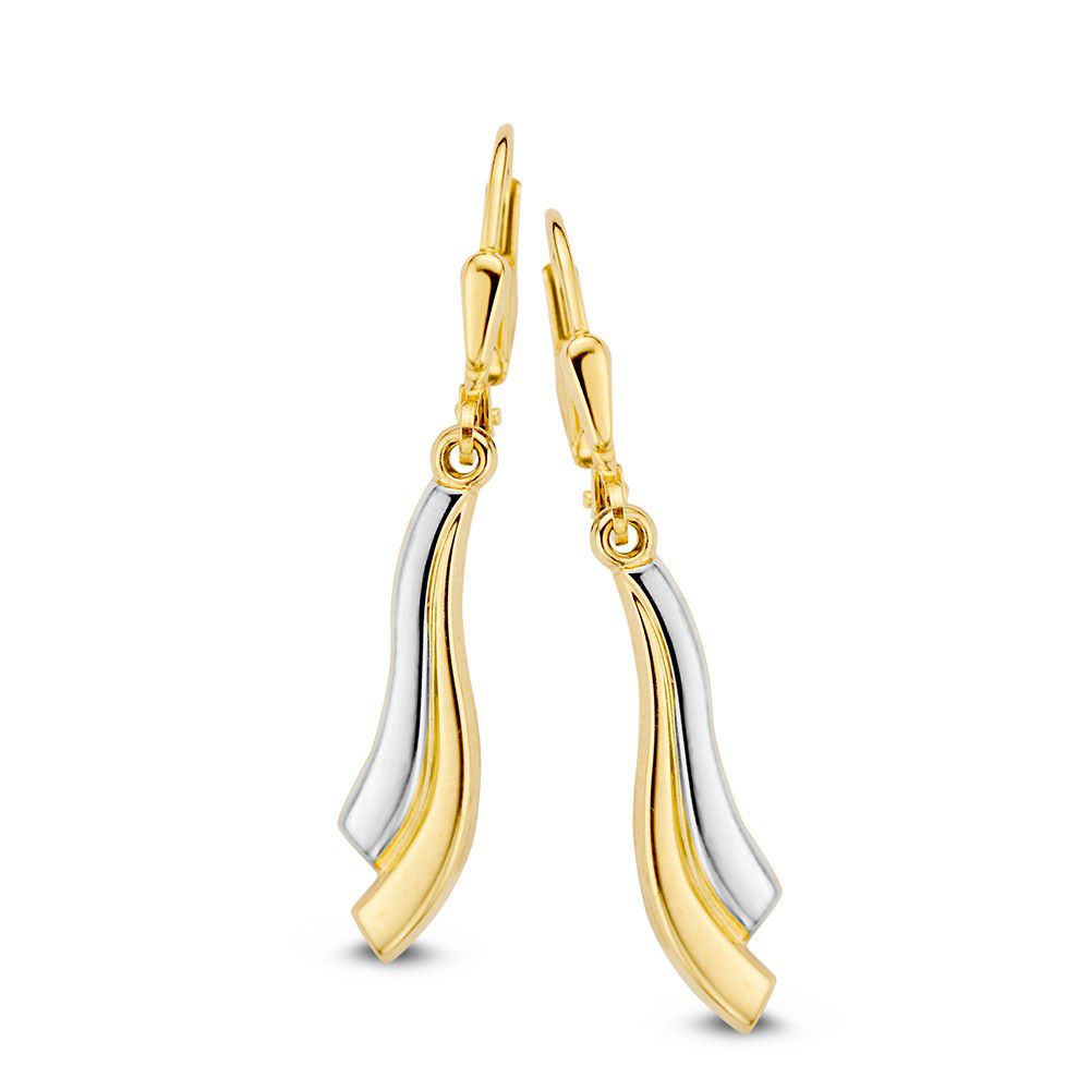 Boucles d'oreilles bicolores en or blanc et jaune de 14 carats, sans pierre, avec une forme ondulée.