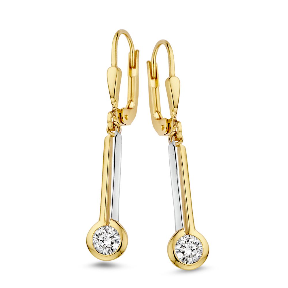Boucles d'oreilles bicolores en or jaune et blanc avec pendentifs en zirconium.