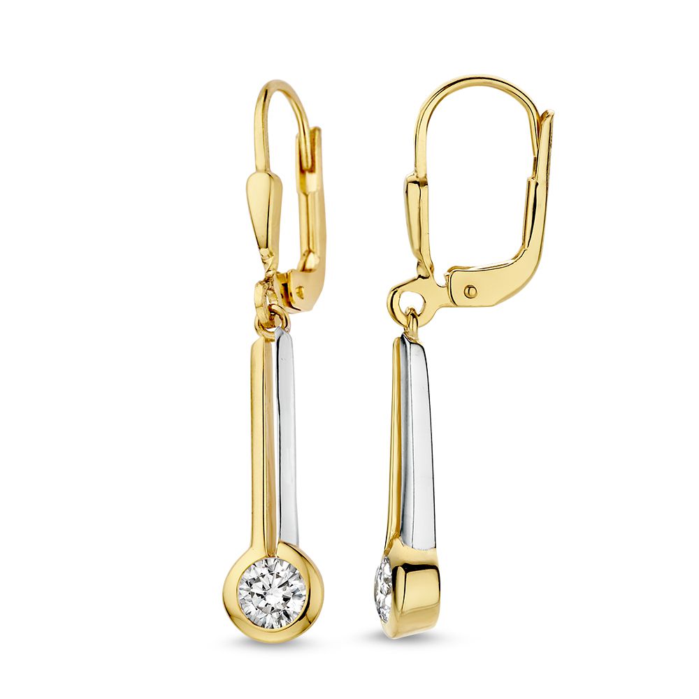 Boucles d'oreilles ludiques bicolores avec pendentifs en zircone - Or jaune/blanc 14 carats