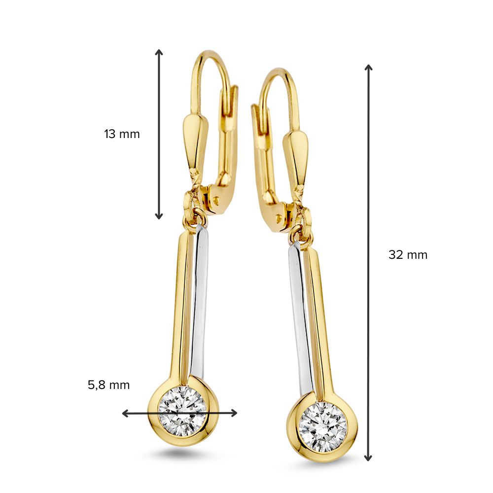 Boucles d'oreilles ludiques bicolores avec pendentifs en zircone - Or jaune/blanc 14 carats