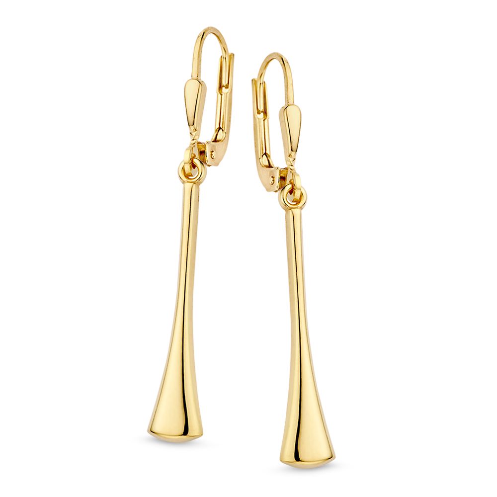 Boucles d'oreilles en or jaune 14 carats avec des pendentifs allongés et lisses.