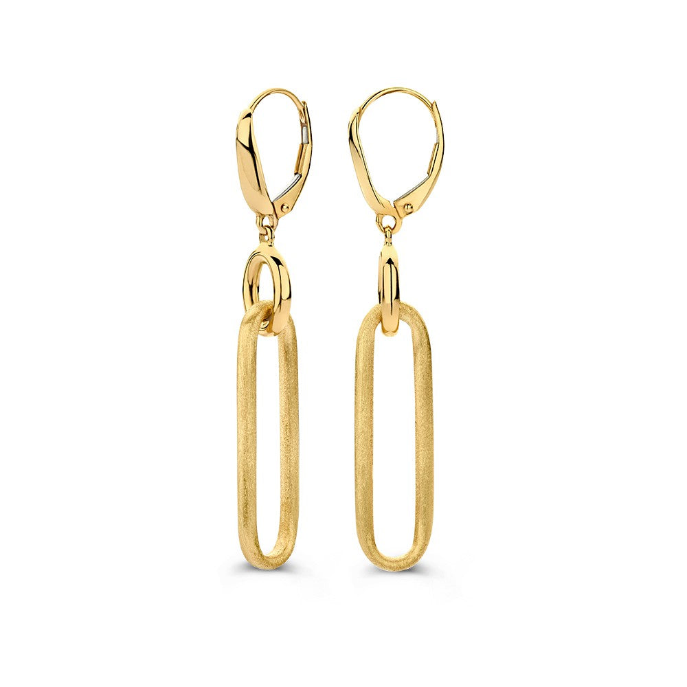 Boucles d'oreilles en or jaune avec des éléments dorés mat, forme allongée.