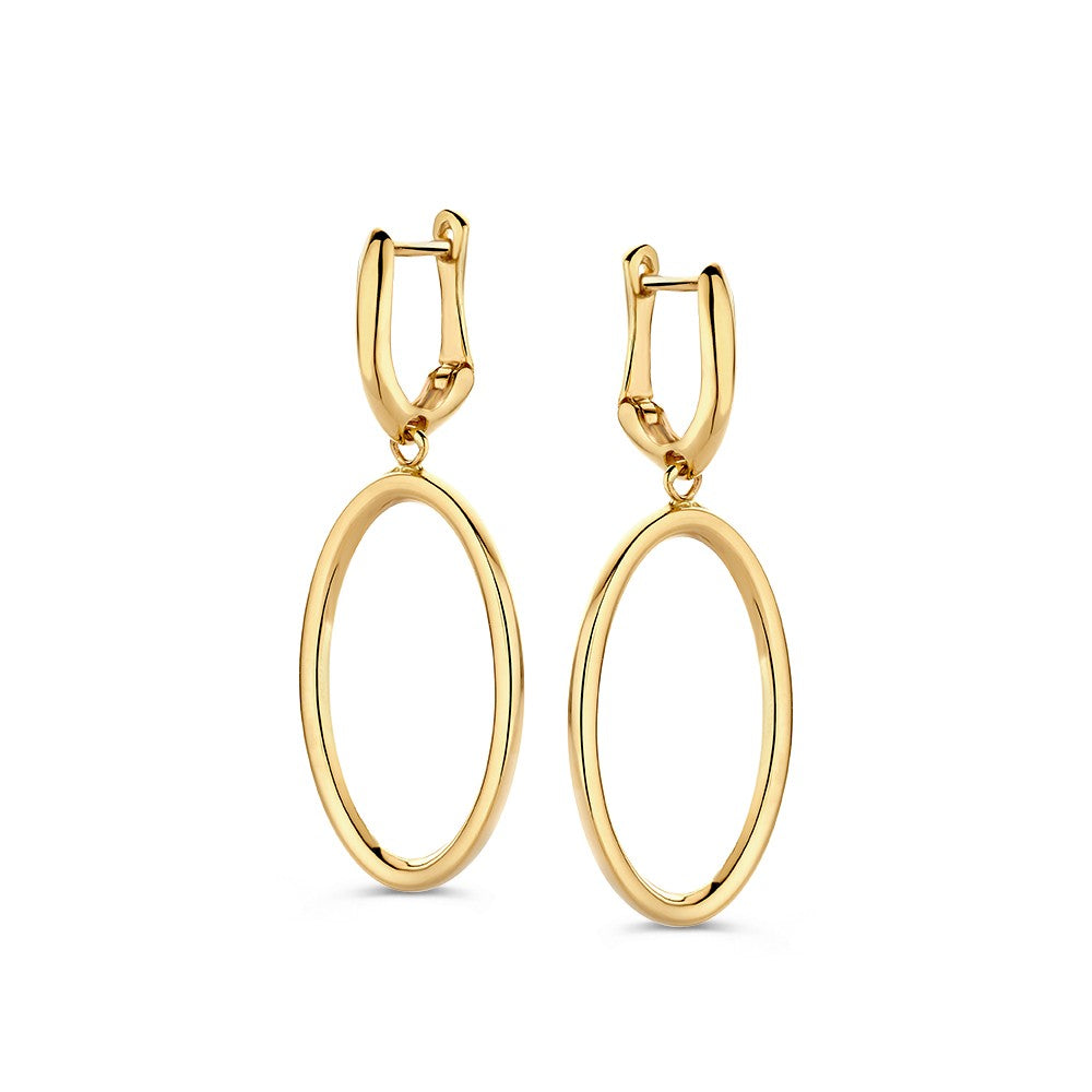 Boucles d'oreilles en or jaune 14 carats avec des pendentifs ouverts, forme ovale.