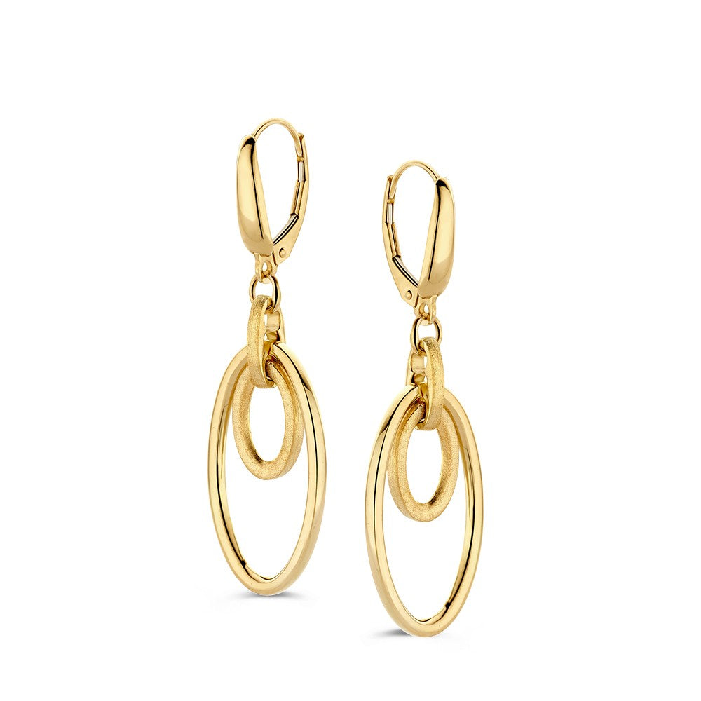 Boucles d'oreilles en or jaune 14 carats avec pendants ouverts en forme d'anneaux.