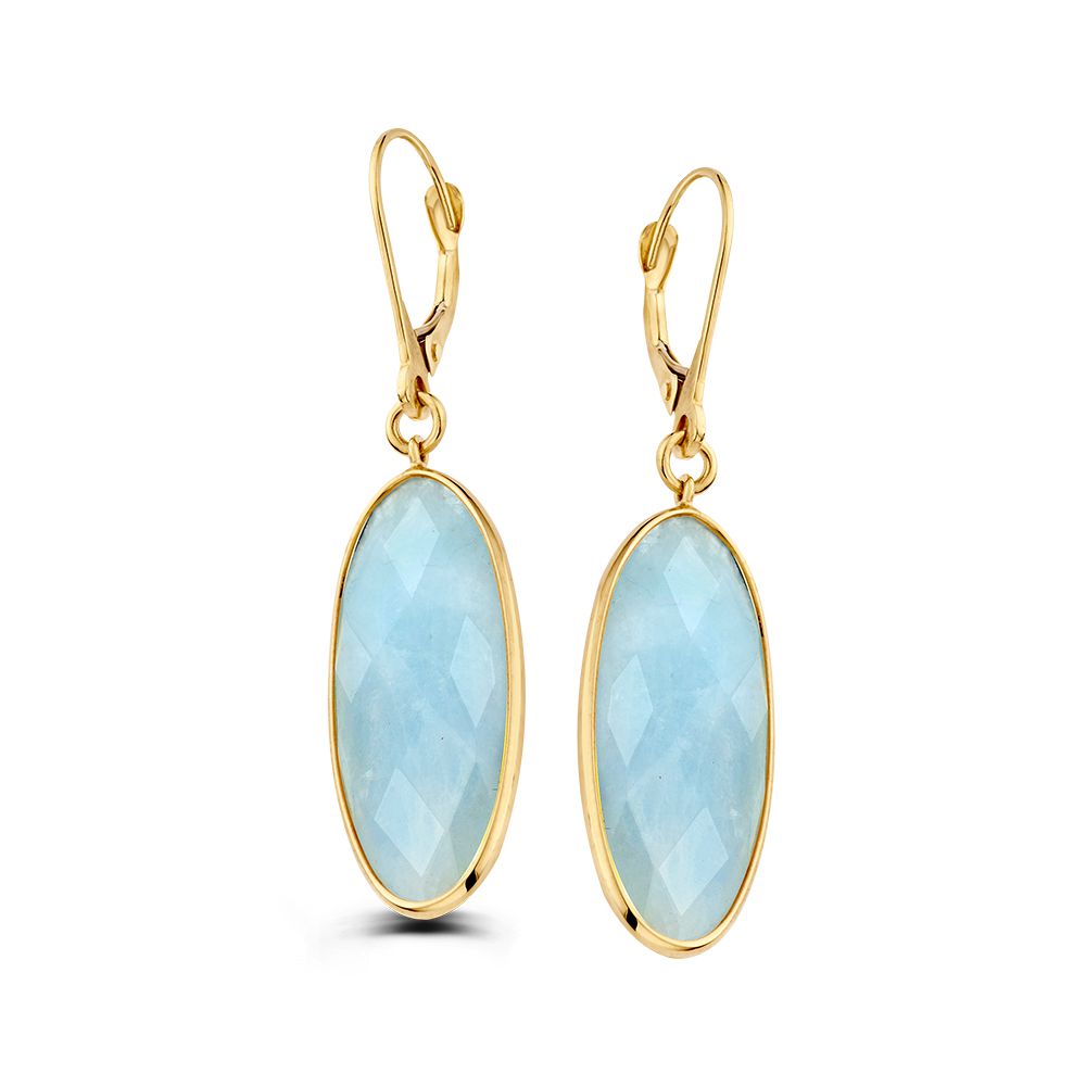 Boucles d'oreilles en or jaune avec des aquamarines ovales, 14 carats, mesurant 44 mm.