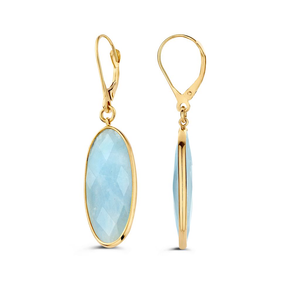 Boucles d'oreilles en or jaune avec des aquamarines ovales – or 14 carats, 44 mm